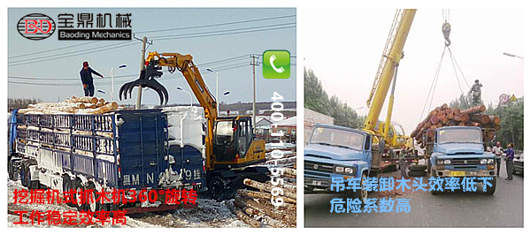 挖掘機(jī)式抓木機(jī)與吊機(jī)抓裝木頭對(duì)比