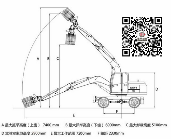 寶鼎95多功能挖掘機抓木機參數(shù)圖